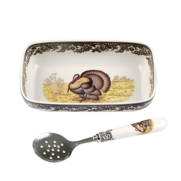 Woodland Cranberry Dish with Slotted Spoon, Turkey Woodland Cranberry Dish with Slotted Spoon, Turkey