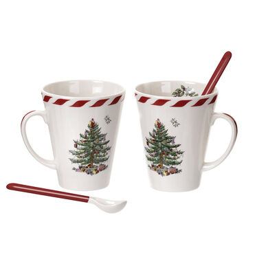 Christmas Tree set of 2 peppermint 14oz mugs with spoons