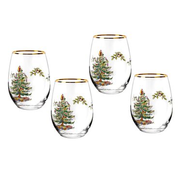 Christmas Tree Set of 4 Stemless Wine Glasses