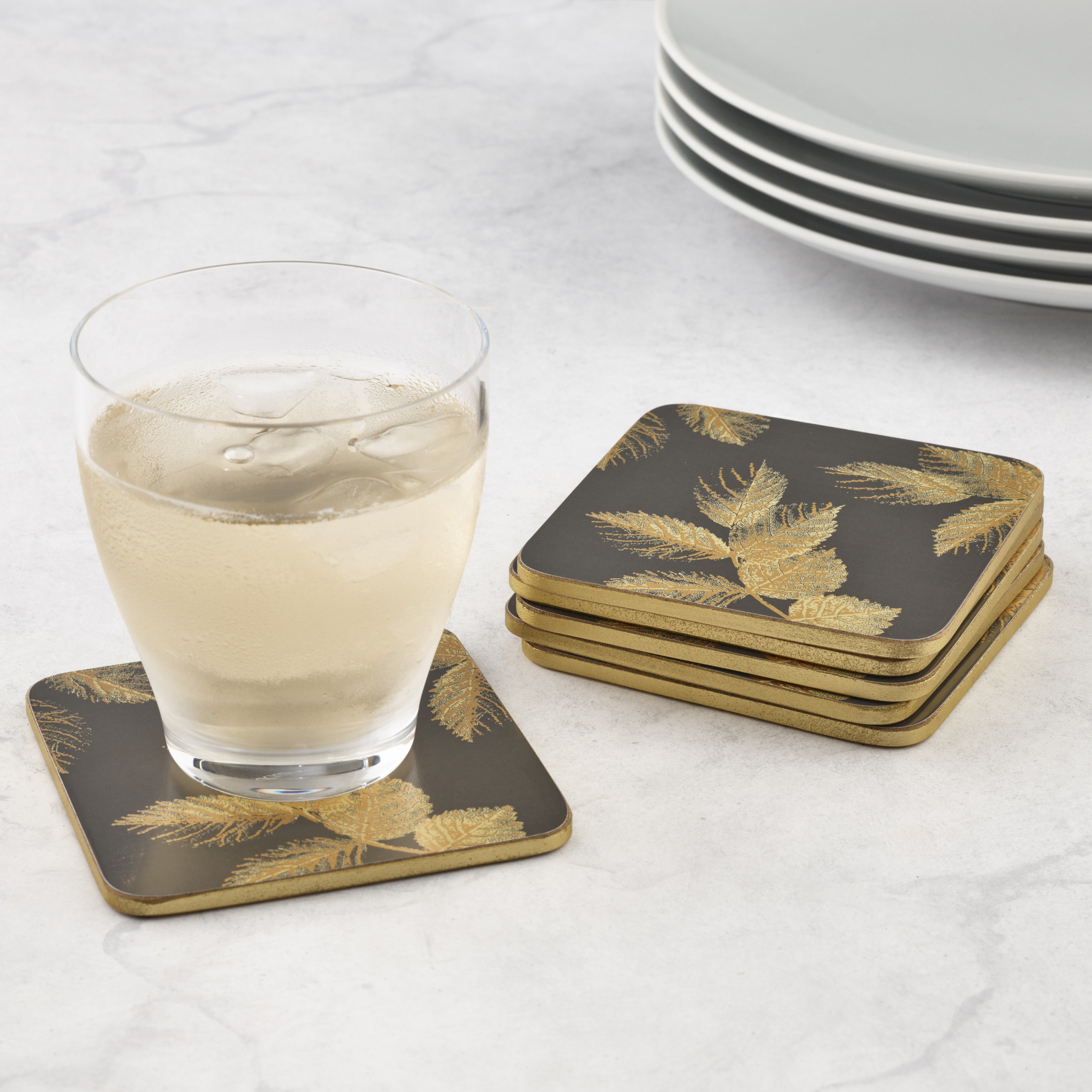 Sara Miller London Etched Leaves Coasters Set of 6 Dark Grey image number null