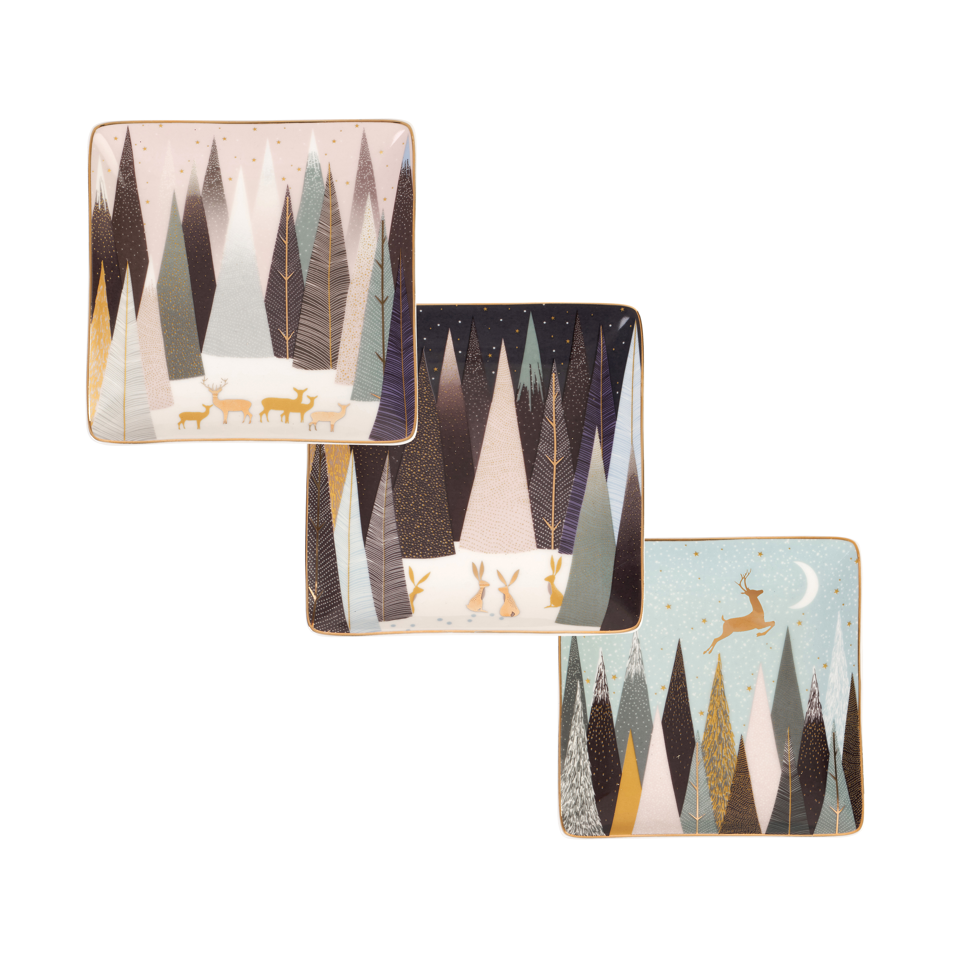 포트메리온 '사라 밀러 런던 프로스티드 파인즈' 사각 트레이 3개 세트 Sara Miller London for Portmeirion Frosted Pines Set of 3 Square Trays 4.5 Inch