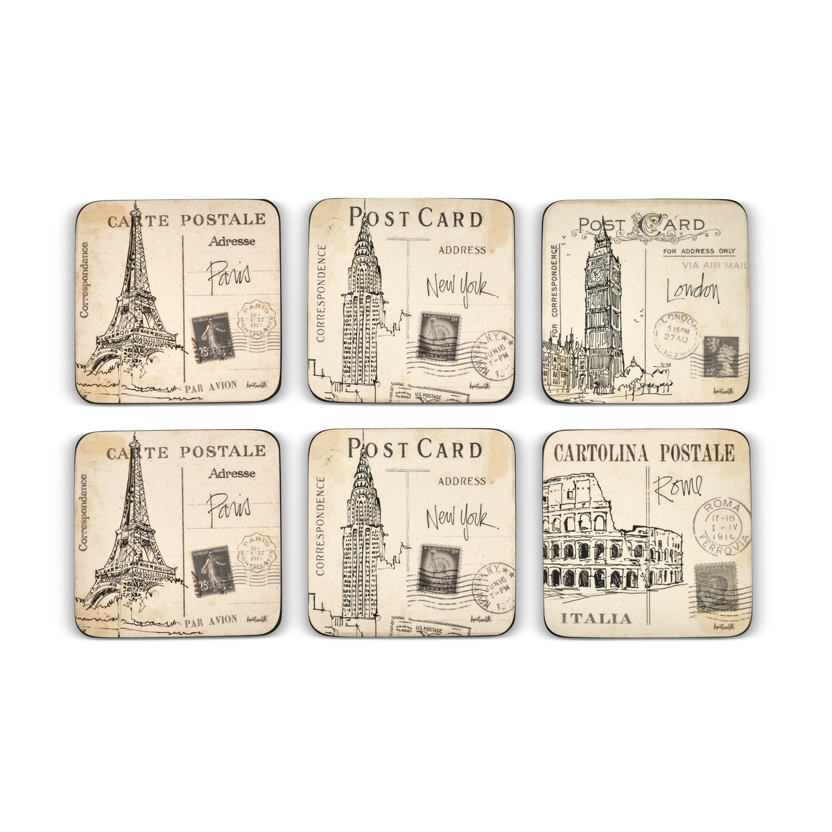 Postcard Sketches Set of 6 Coasters image number null